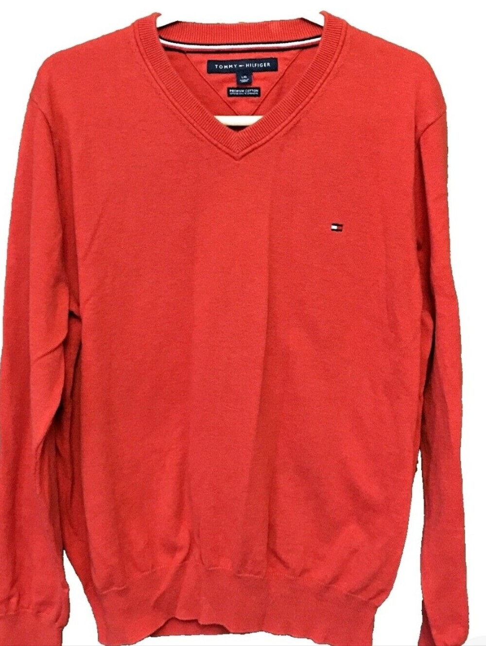 Tommy Hilfiger Orange Knit Sweater Men L Premium Cotton Fall Layering Preppy
